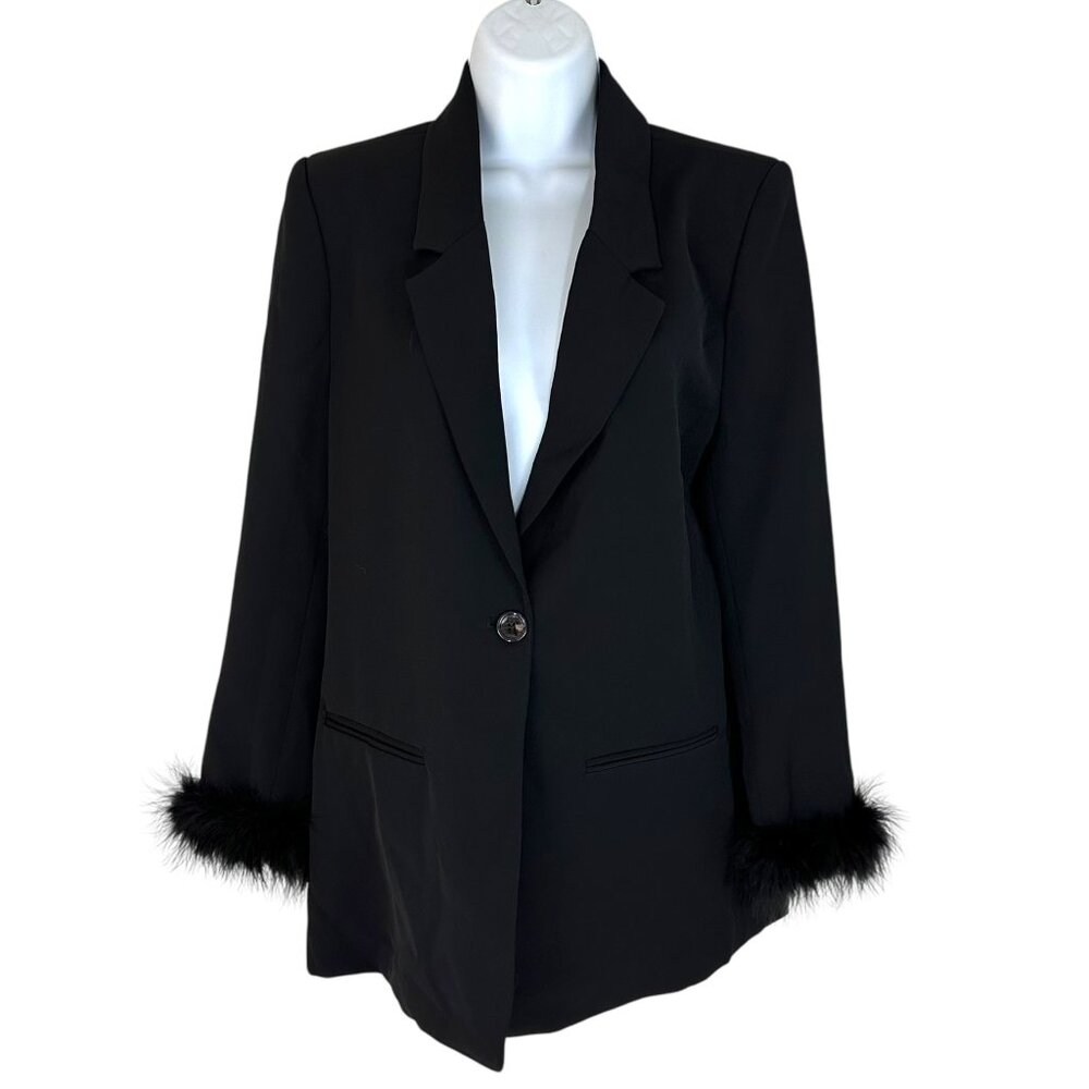 WAYF Women's Size S Faux Feather Trim Whimsigoth Black Blazer Jacket NEW